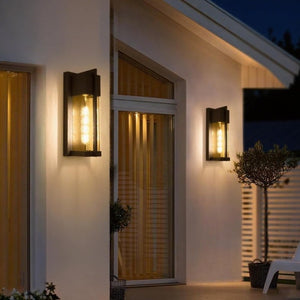 English Elm 2-Pack Dusk to Dawn Outdoor Wall Sconces Matte Black Lantern with Hammered Glass T6202P552213