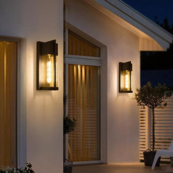 English Elm 2-Pack Dusk to Dawn Outdoor Wall Sconces Matte Black Lantern with Hammered Glass T6202P552213