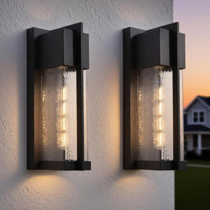 English Elm 2-Pack Dusk to Dawn Outdoor Wall Sconces Matte Black Lantern with Hammered Glass T6202P552213