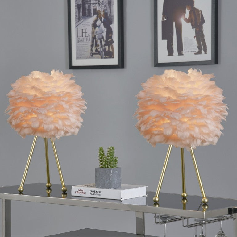 English Elm Pink Feather Globe Lamp Set of Two with Gold Tripod Base for Bedroom or Living Room T6202P552269