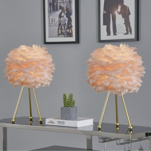 English Elm Pink Feather Globe Lamp Set of Two with Gold Tripod Base for Bedroom or Living Room T6202P552269