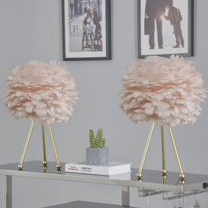 English Elm Pink Feather Globe Lamp Set of Two with Gold Tripod Base for Bedroom or Living Room T6202P552269