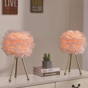 English Elm Pink Feather Globe Lamp Set of Two with Gold Tripod Base for Bedroom or Living Room T6202P552269