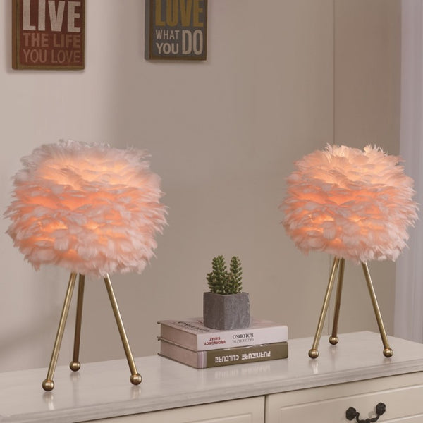 English Elm Pink Feather Globe Lamp Set of Two with Gold Tripod Base for Bedroom or Living Room T6202P552269
