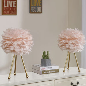 English Elm Pink Feather Globe Lamp Set of Two with Gold Tripod Base for Bedroom or Living Room T6202P552269