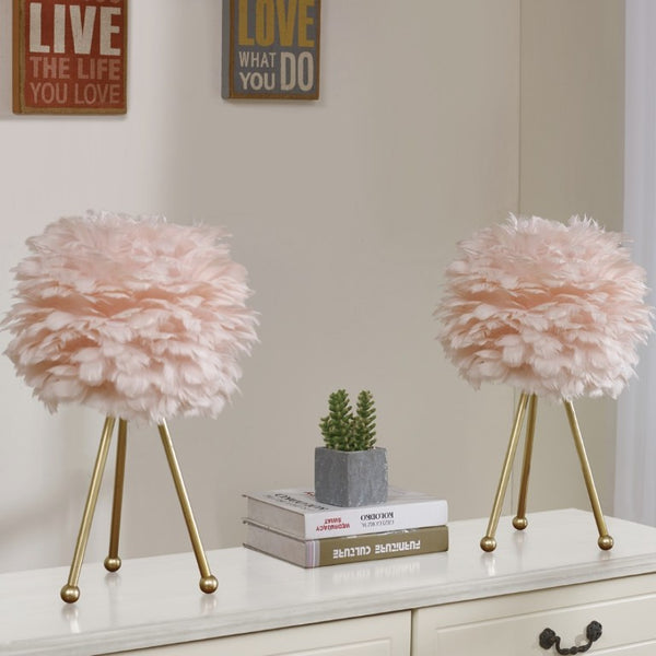 English Elm Pink Feather Globe Lamp Set of Two with Gold Tripod Base for Bedroom or Living Room T6202P552269