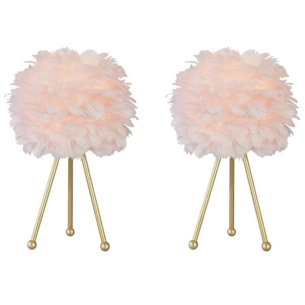English Elm Pink Feather Globe Lamp Set of Two with Gold Tripod Base for Bedroom or Living Room T6202P552269
