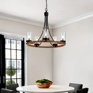 English Elm 5 Light Wagon Wheel Chandelier Rustic Wood Grain Farmhouse Pendant for Dining Rooms T6202P555356