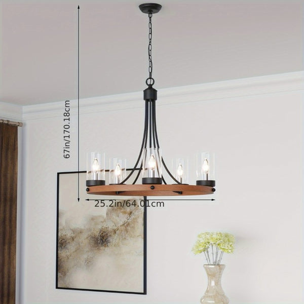English Elm 5 Light Wagon Wheel Chandelier Rustic Wood Grain Farmhouse Pendant for Dining Rooms T6202P555356