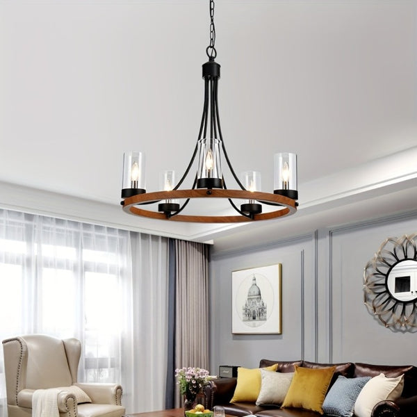 English Elm 5 Light Wagon Wheel Chandelier Rustic Wood Grain Farmhouse Pendant for Dining Rooms T6202P555356
