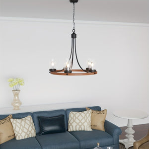 English Elm 5 Light Wagon Wheel Chandelier Rustic Wood Grain Farmhouse Pendant for Dining Rooms T6202P555356