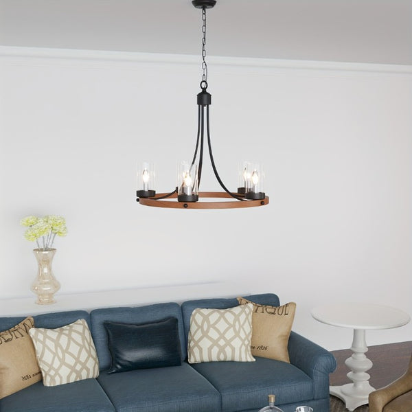 English Elm 5 Light Wagon Wheel Chandelier Rustic Wood Grain Farmhouse Pendant for Dining Rooms T6202P555356