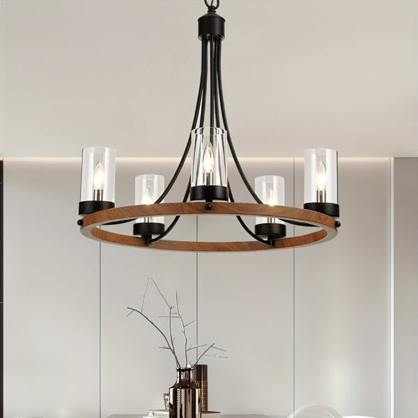English Elm 5 Light Wagon Wheel Chandelier Rustic Wood Grain Farmhouse Pendant for Dining Rooms T6202P555356
