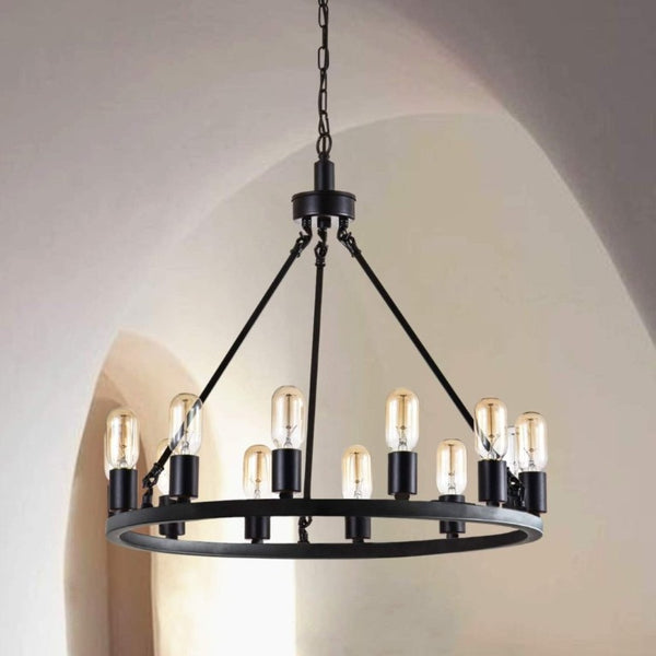 English Elm 24.2 Inch Wagon Wheel Chandelier 12 Candle Lights Matte Black Iron Foyer Fixture T6202P555392