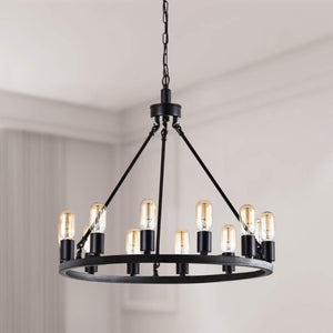 English Elm 24.2 Inch Wagon Wheel Chandelier 12 Candle Lights Matte Black Iron Foyer Fixture T6202P555392