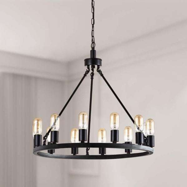 English Elm 24.2 Inch Wagon Wheel Chandelier 12 Candle Lights Matte Black Iron Foyer Fixture T6202P555392