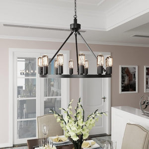 English Elm 24.2 Inch Wagon Wheel Chandelier 12 Candle Lights Matte Black Iron Foyer Fixture T6202P555392