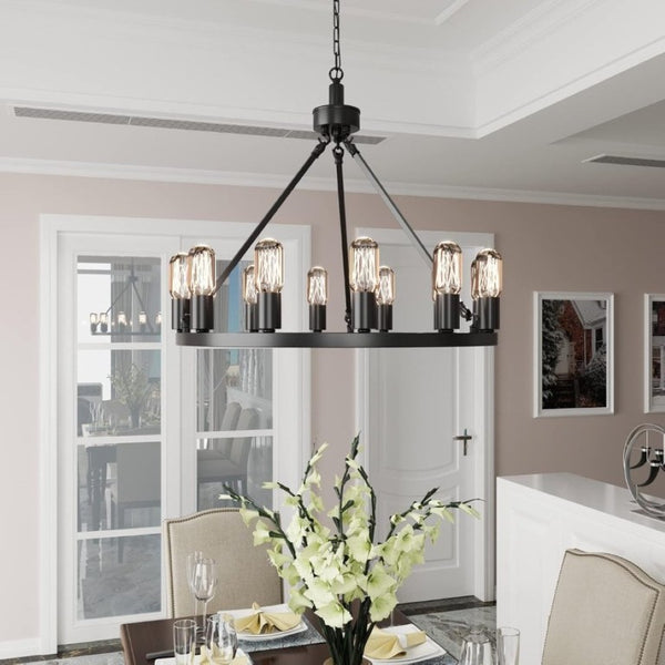 English Elm 24.2 Inch Wagon Wheel Chandelier 12 Candle Lights Matte Black Iron Foyer Fixture T6202P555392