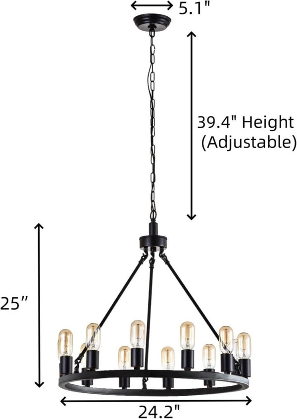 English Elm 24.2 Inch Wagon Wheel Chandelier 12 Candle Lights Matte Black Iron Foyer Fixture T6202P555392