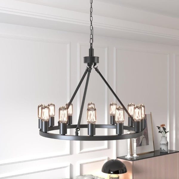 English Elm 24.2 Inch Wagon Wheel Chandelier 12 Candle Lights Matte Black Iron Foyer Fixture T6202P555392