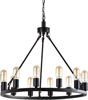 English Elm 24.2 Inch Wagon Wheel Chandelier 12 Candle Lights Matte Black Iron Foyer Fixture T6202P555392
