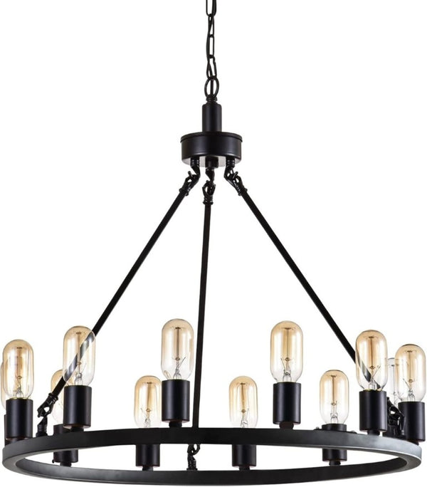 English Elm 24.2 Inch Wagon Wheel Chandelier 12 Candle Lights Matte Black Iron Foyer Fixture T6202P555392