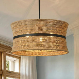 English Elm Wicker Rattan Boho Chandelier Hand Woven Four Light Pendant for Dining and Kitchen T6202P555399