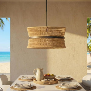 English Elm Wicker Rattan Boho Chandelier Hand Woven Four Light Pendant for Dining and Kitchen T6202P555399