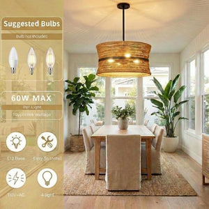 English Elm Wicker Rattan Boho Chandelier Hand Woven Four Light Pendant for Dining and Kitchen T6202P555399