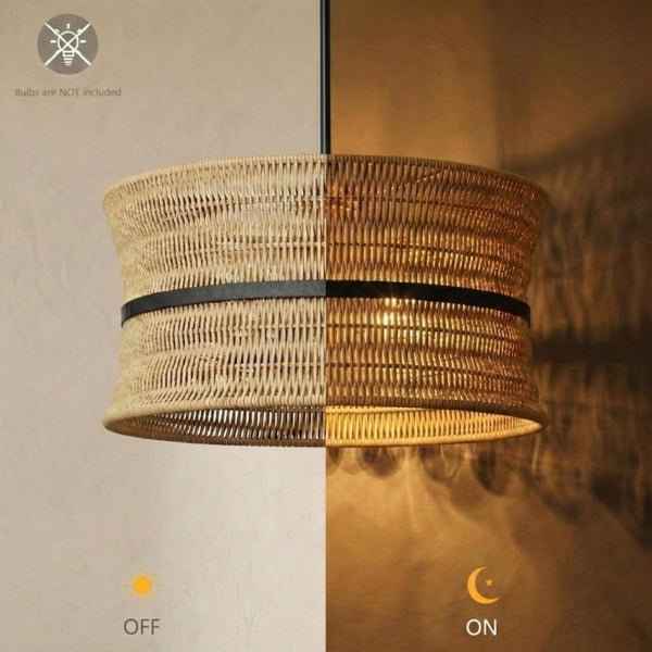 English Elm Wicker Rattan Boho Chandelier Hand Woven Four Light Pendant for Dining and Kitchen T6202P555399