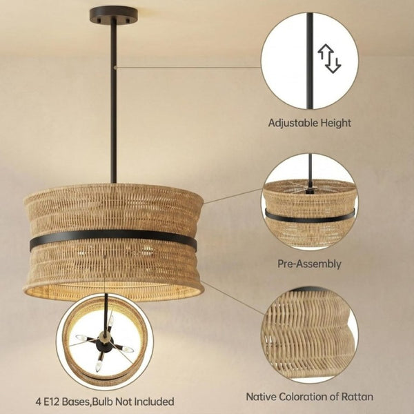English Elm Wicker Rattan Boho Chandelier Hand Woven Four Light Pendant for Dining and Kitchen T6202P555399
