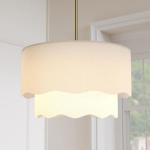 English Elm 19.6 Inch Two Tier Linen Drum Chandelier Brushed Gold 3 Light Fixture for Dining Rooms T6202P555408
