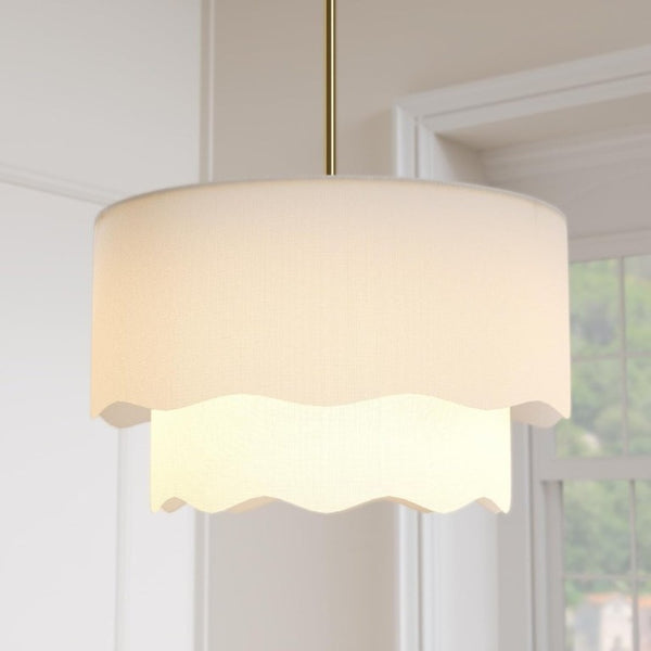 English Elm 19.6 Inch Two Tier Linen Drum Chandelier Brushed Gold 3 Light Fixture for Dining Rooms T6202P555408