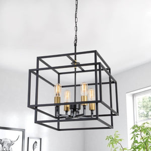 English Elm Modern Geometric Square Chandelier Four Candle Lights Black Gold Frame Dining Kitchen T6202P555430