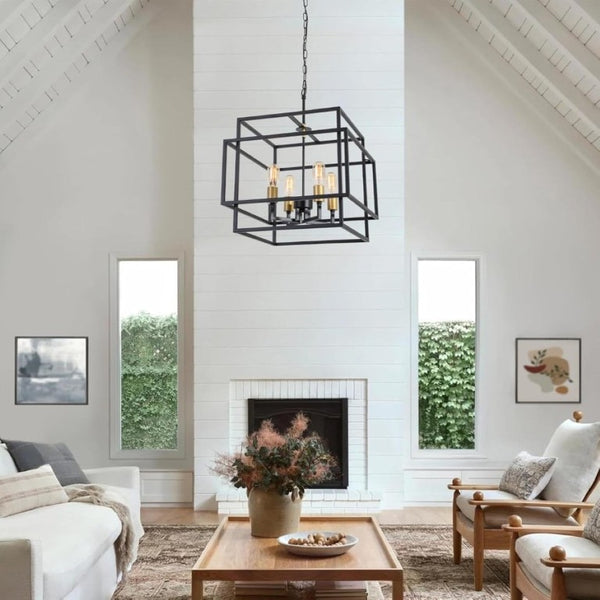 English Elm Modern Geometric Square Chandelier Four Candle Lights Black Gold Frame Dining Kitchen T6202P555430