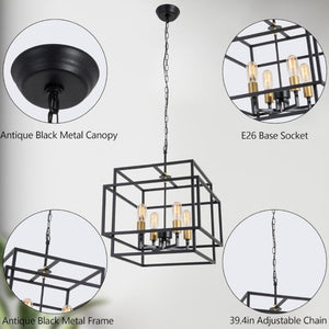 English Elm Modern Geometric Square Chandelier Four Candle Lights Black Gold Frame Dining Kitchen T6202P555430