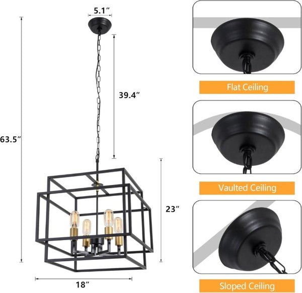 English Elm Modern Geometric Square Chandelier Four Candle Lights Black Gold Frame Dining Kitchen T6202P555430