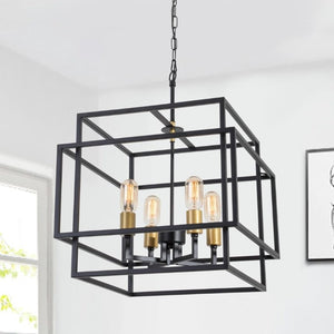 English Elm Modern Geometric Square Chandelier Four Candle Lights Black Gold Frame Dining Kitchen T6202P555430