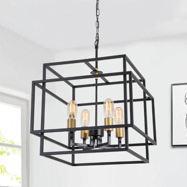 English Elm Modern Geometric Square Chandelier Four Candle Lights Black Gold Frame Dining Kitchen T6202P555430