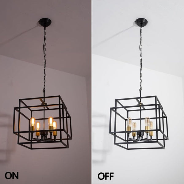 English Elm Modern Geometric Square Chandelier Four Candle Lights Black Gold Frame Dining Kitchen T6202P555430