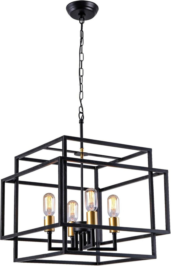 English Elm Modern Geometric Square Chandelier Four Candle Lights Black Gold Frame Dining Kitchen T6202P555430