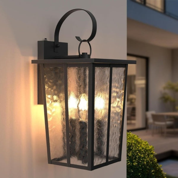 English Elm 18.5 Inch Black Metal Three Light Outdoor Wall Lantern with Ripple Glass Auto Sensor T6202P555435