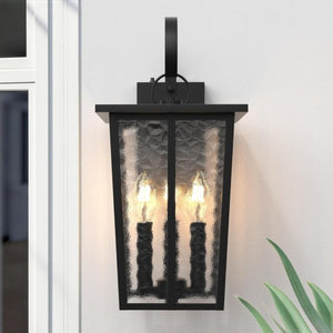 English Elm 18.5 Inch Black Metal Three Light Outdoor Wall Lantern with Ripple Glass Auto Sensor T6202P555435