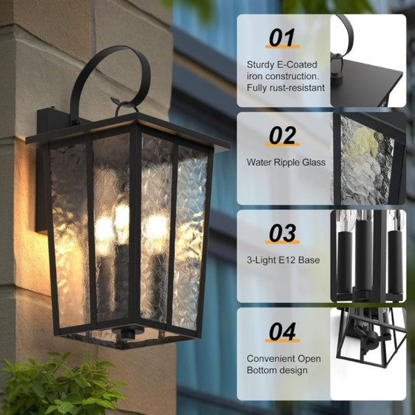 English Elm 18.5 Inch Black Metal Three Light Outdoor Wall Lantern with Ripple Glass Auto Sensor T6202P555435