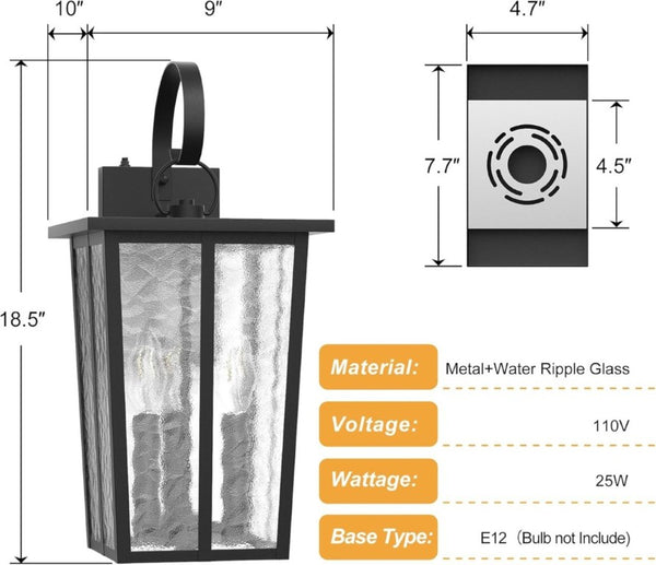 English Elm 18.5 Inch Black Metal Three Light Outdoor Wall Lantern with Ripple Glass Auto Sensor T6202P555435