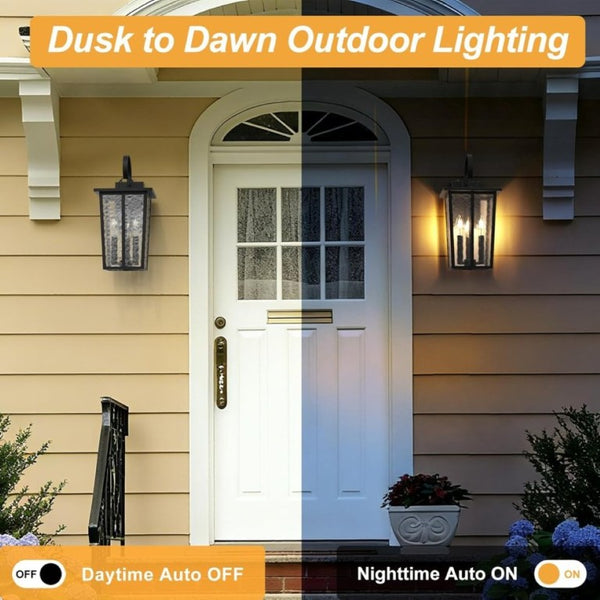 English Elm 18.5 Inch Black Metal Three Light Outdoor Wall Lantern with Ripple Glass Auto Sensor T6202P555435