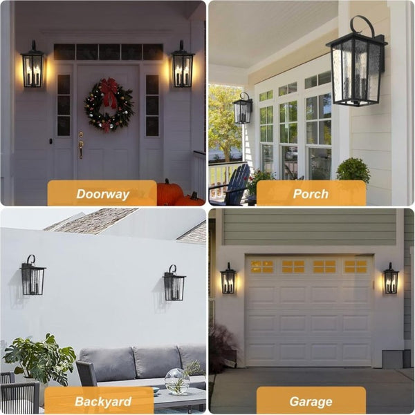 English Elm 18.5 Inch Black Metal Three Light Outdoor Wall Lantern with Ripple Glass Auto Sensor T6202P555435