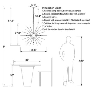 English Elm Sputnik Starburst Chandelier 7 Arm Metal Pendant Light for Dining Room or Entryway T6202P556367