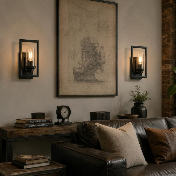 English Elm Glass Wall Sconces Set of 2 Industrial Matte Black Square Mount Bedroom Ambient Lighting T6202P556402