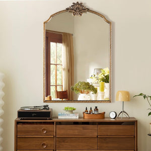 English Elm Irregula Baroque Arched Gold Wood Frame Wall Mirror for Entryway Bedroom Bathroom T6202P556488